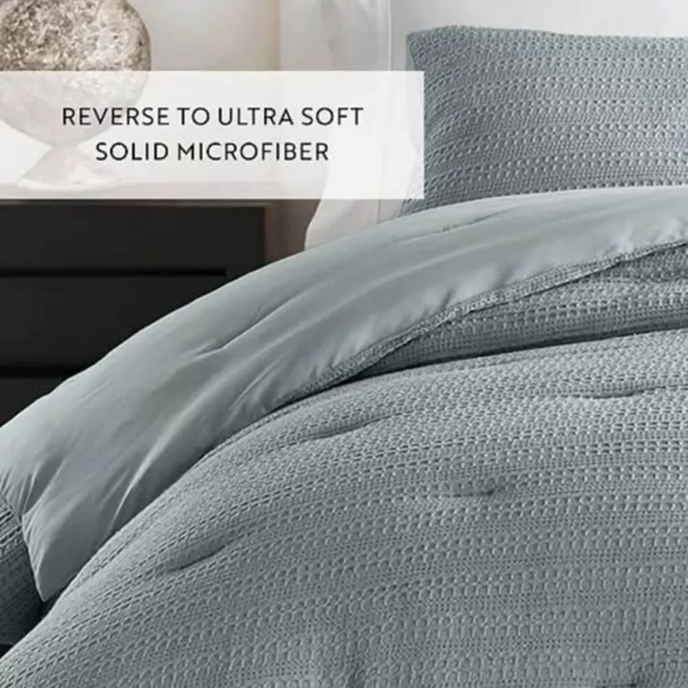 3Pcs Full/Queen Comforter Set Waffle Textured Light Blue NEW